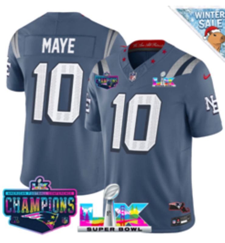 Men 2026 New England Patriots #10 Maye Blue Super Bowl Nike Limited NFL Jersey style 01